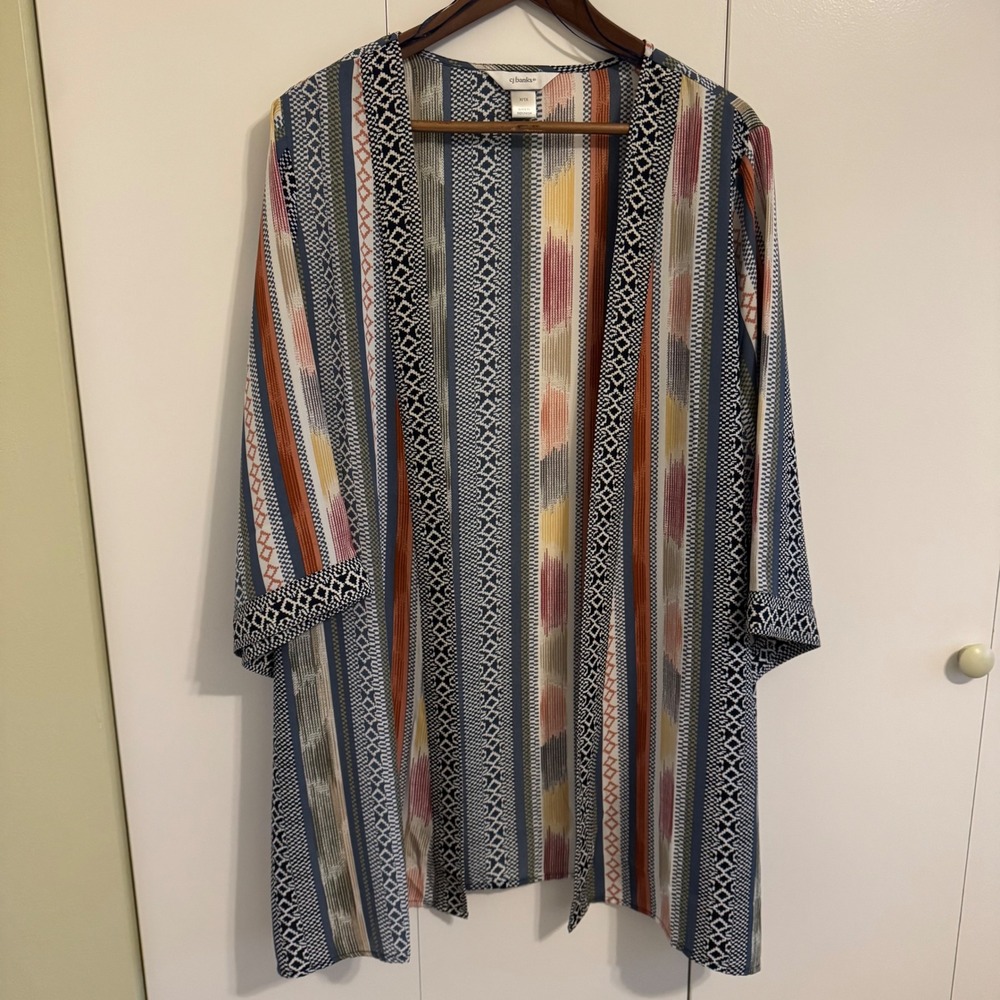 CJ Banks Womens Plus X/1X Kimono Cardigan Open Front Ikat Stripe Blue Orange